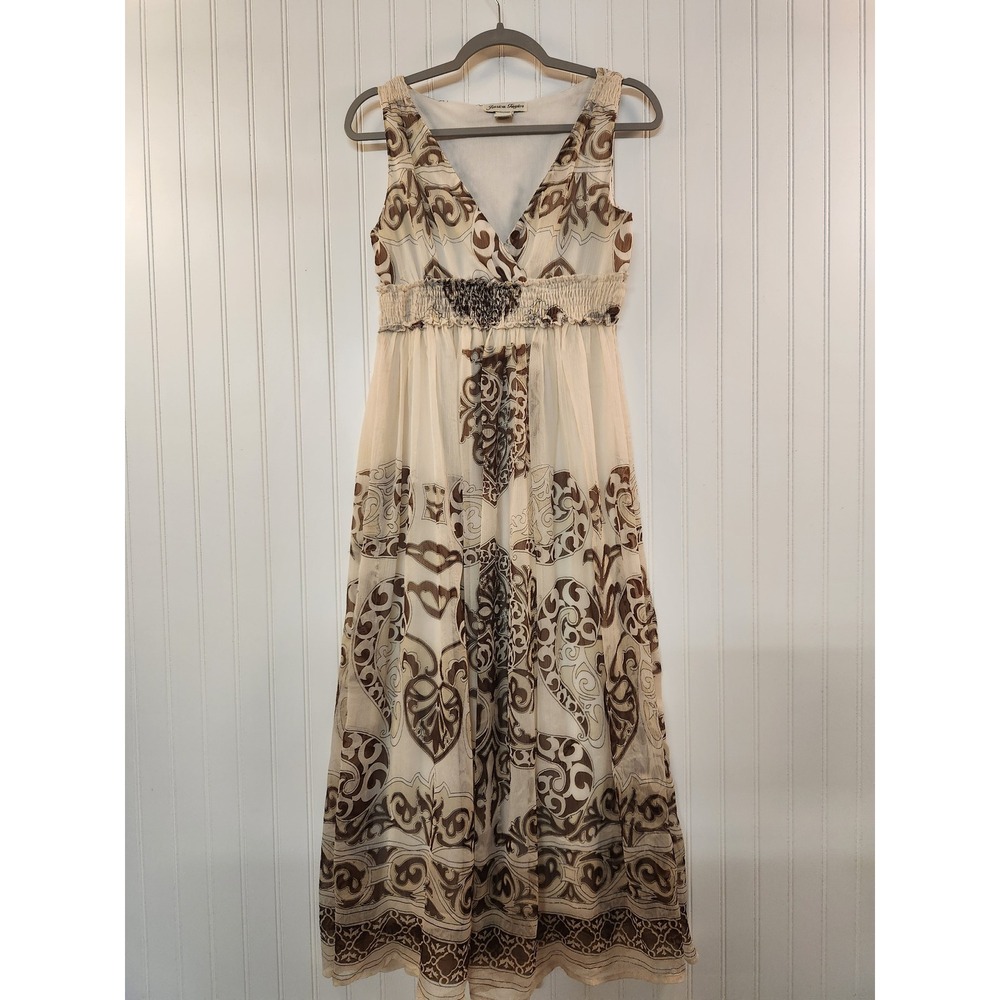 Jessica Taylor Brown Cream Damask Print Maxi Dress Smocked Empire Waist Womens M